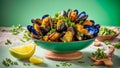 Cooked mussels, lemon, parsley in a food cooking culinary clam meal rustic delicious Royalty Free Stock Photo