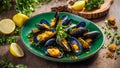 Cooked mussels, lemon, parsley in a food meal culinary clam meal rustic delicious Royalty Free Stock Photo