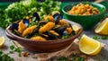 Cooked mussels, lemon, parsley in a food meal mollusk clam meal rustic delicious Royalty Free Stock Photo