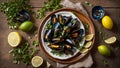 Cooked mussels, lemon, parsley in a plate shellfish culinary clam meal rustic Royalty Free Stock Photo