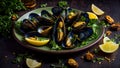 Cooked mussels, lemon, parsley in a plate Royalty Free Stock Photo