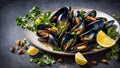 Cooked mussels, lemon, parsley in a plate shellfish Royalty Free Stock Photo