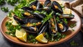 Cooked mussels, lemon, parsley in a plate appetizer culinary clam meal rustic delicious Royalty Free Stock Photo