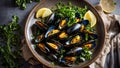 Cooked mussels, lemon, parsley in a plate cooking culinary clam meal rustic delicious Royalty Free Stock Photo