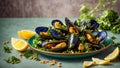 Cooked mussels, lemon, parsley in a food meal gourmet clam meal rustic delicious Royalty Free Stock Photo