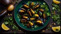 Cooked mussels, lemon, parsley in a food meal gourmet clam meal rustic ingredient Royalty Free Stock Photo