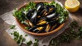 Cooked mussels, lemon, parsley in a plate shellfish culinary clam meal rustic delicious Royalty Free Stock Photo