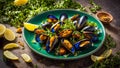 Cooked mussels, lemon, parsley in a table cooking culinary clam meal rustic delicious Royalty Free Stock Photo