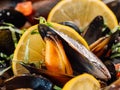 cooked mussels with lemon in white bowl Royalty Free Stock Photo