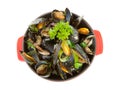 Cooked mussels in red casserole Royalty Free Stock Photo