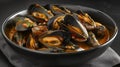 cooked mussels sit in a bowl and displayed in front of a gray background Royalty Free Stock Photo