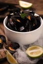 Cooked mussels in a withe bowl Royalty Free Stock Photo