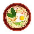 Cooked Noodle Served in Bowl and Garnished with Herbs Above View Vector Illustration