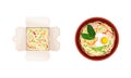 Cooked Noodle Served in Bowl and Garnished with Herbs and in Cardboard Box Above View Vector Set