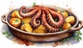 Cooked octopus with roasted potatoes and herbs in a rustic serving dish Royalty Free Stock Photo