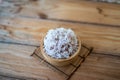 Cooked organic rice in a bowl on wooden table Royalty Free Stock Photo