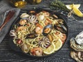 Cooked pasta with clams, shrimps, baby octopus, mussels tomato on a frying pan , spaghetti. Close up Royalty Free Stock Photo