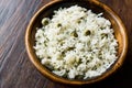 Cooked Plain Basmati Rice with Dill and Green Peas / Pilav or Pilaf in Wooden Bowl.