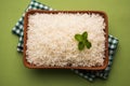 Cooked plain white basmati rice in terracotta bowl, selective focus