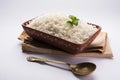 Cooked plain white basmati rice in terracotta bowl, selective focus