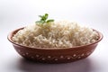 Cooked plain white basmati rice in terracotta bowl, selective focus