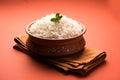 Cooked plain white basmati rice in terracotta bowl, selective focus