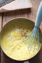 Cooked polenta dish with parmesan butter salt and pepper . Polenta is made when cornmeal is boiled in water and chicken stock.