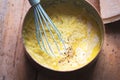 Cooked polenta dish, with parmesan, butter, salt and pepper . Polenta is made when cornmeal is boiled in water and chicken stock.