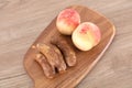 Cooked pork sausage and washed peaches Royalty Free Stock Photo
