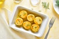 Cooked potatoes in baking dish Royalty Free Stock Photo