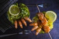 Cooked Prawn cocktail starter served in a tropical tourist restaurant in a glass with decoration of prawn with sprinkle of dill, Royalty Free Stock Photo