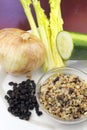 Cooked Quinoa with Ingredients Shown Royalty Free Stock Photo