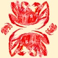 Cooked red king crab. Watercolor illustration isolated on yellow background