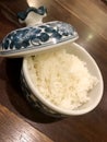 Cooked rice in chinaware bowl