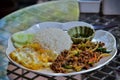 Cooked rice with spicy minced meat salad Royalty Free Stock Photo