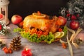 Cooked roasted Turkey with berries, vegetables and apples on wooden table background with black backdrop. Royalty Free Stock Photo