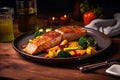 Cooked salmon vegetable roast. Generate Ai Royalty Free Stock Photo