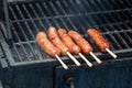 Sausage skewers on a metal charcoal grill