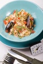 Cooked seafood tagliatelle pasta served with mussels Royalty Free Stock Photo