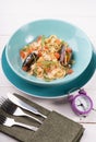 Cooked seafood tagliatelle pasta served with mussels Royalty Free Stock Photo