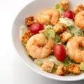 Cooked shrimp or prawn with vegetables, croutons and Cherry tomatoes. Spicy oriental dish, Pan-Asian cuisine. Part of Royalty Free Stock Photo