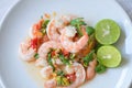 Cooked shrimps prawns and seafood spicy chili sauce coriander, cooking shrimp salad lemon lime, Fresh shrimp on white plate and Royalty Free Stock Photo