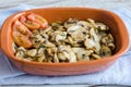 Cooked sliced mushrooms with tomatoes