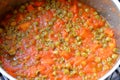 cooked slices of carrots and peas with tomato sauce, high in vitamins like vitamin A and vitamin C, some calcium minerals, and