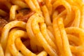 Cooked spaghetti with onion sauce close-up Royalty Free Stock Photo