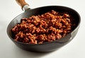 Cooked spicy seasoned vegan mince meat in pan