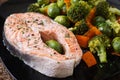 Cooked on steam salmon steak with vegetables. Royalty Free Stock Photo