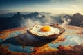 Cooked steaming scrambled eggs on the map, postcard World Food Day AI Generative Royalty Free Stock Photo