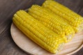 Cooked sweet corn on wooden plate background, ripe corn cobs steamed or boiled sweetcorn for food vegan dinner or snack Royalty Free Stock Photo