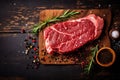 red raw dark grill food fire beef steak meat fried background. Generative AI.